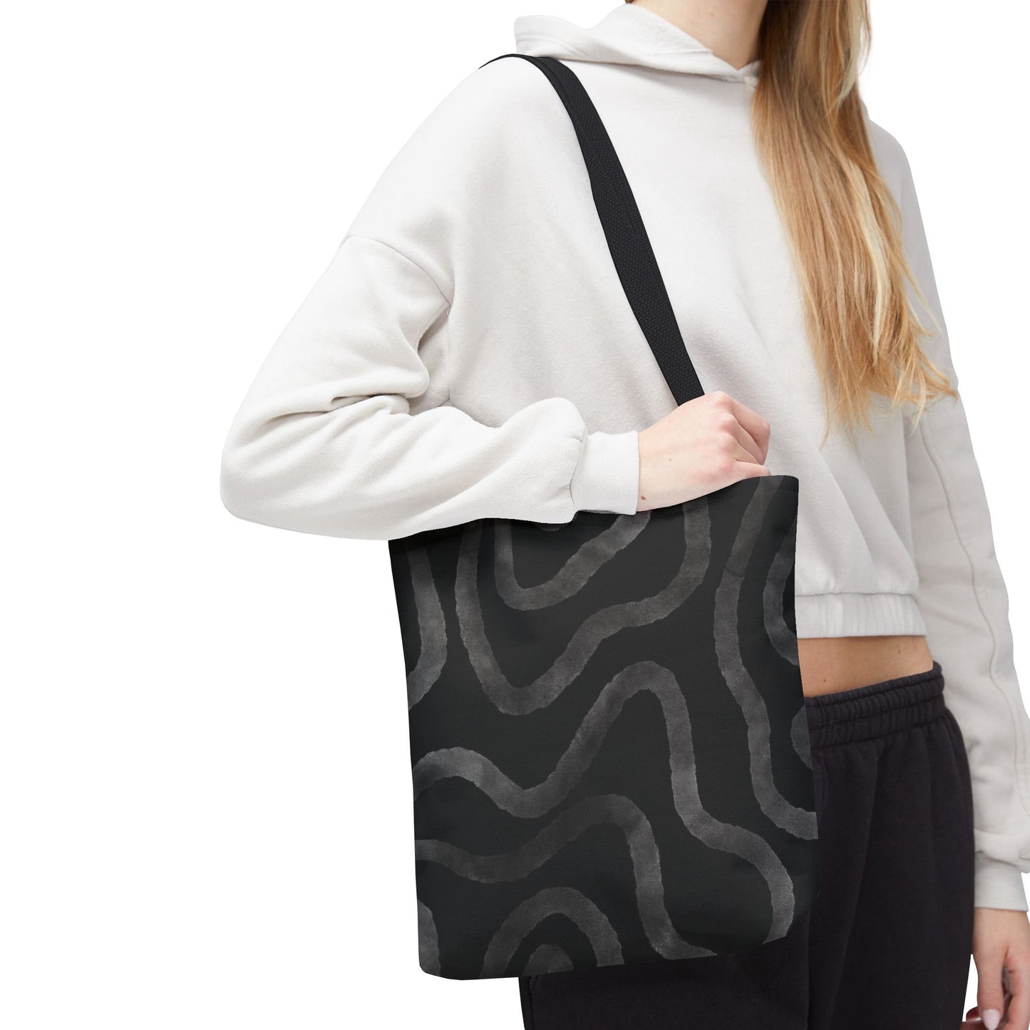 Stylish AOP Tote Bag, Black Abstract Pattern, Everyday Use, Eco-Friendly Shopping Bag, Unique Gift for Friends & Family