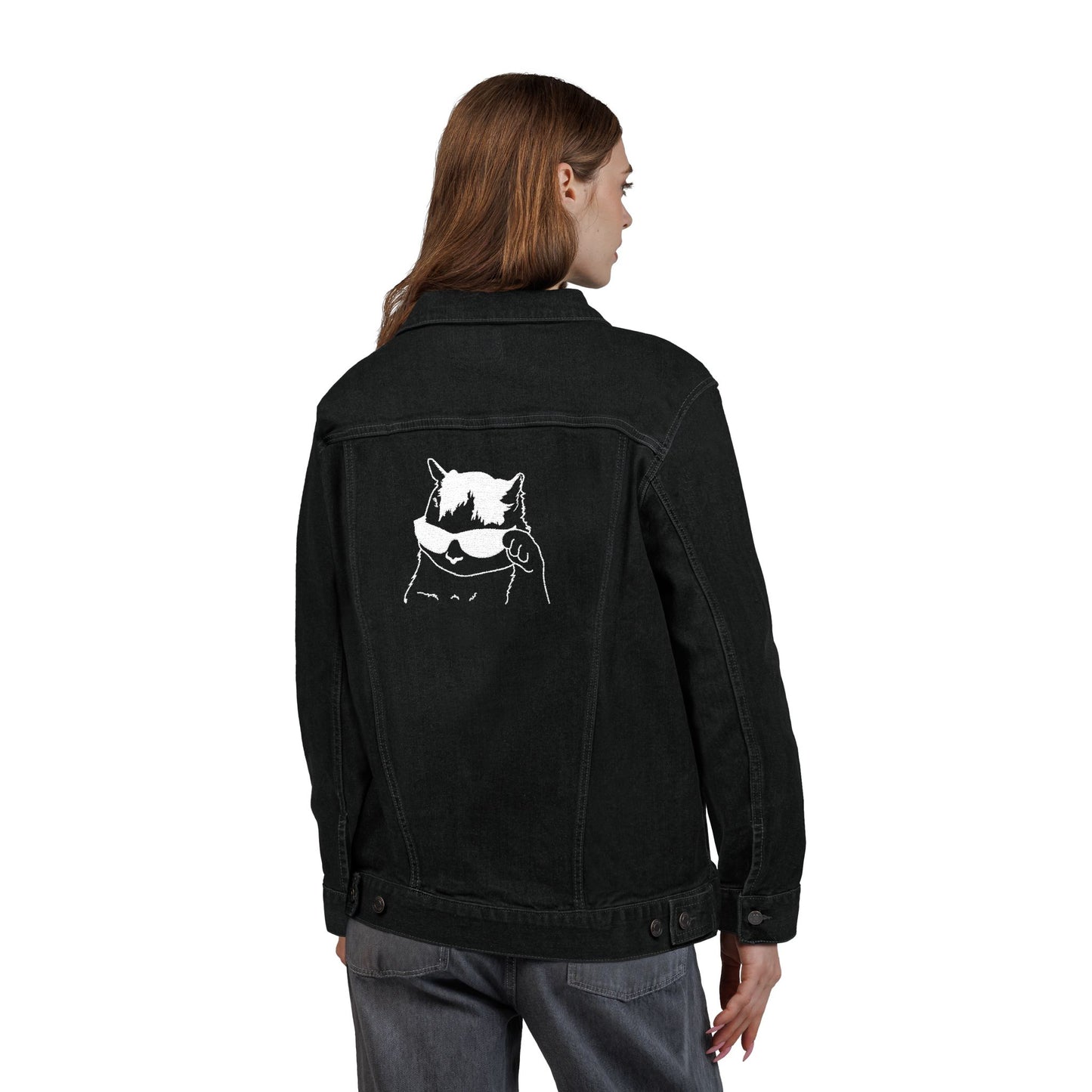 Cool Cat Embroidered Unisex Denim Jacket, Casual Wear, Street Style, Unique Gift for Pet Lovers, Trendy Fashion Statement