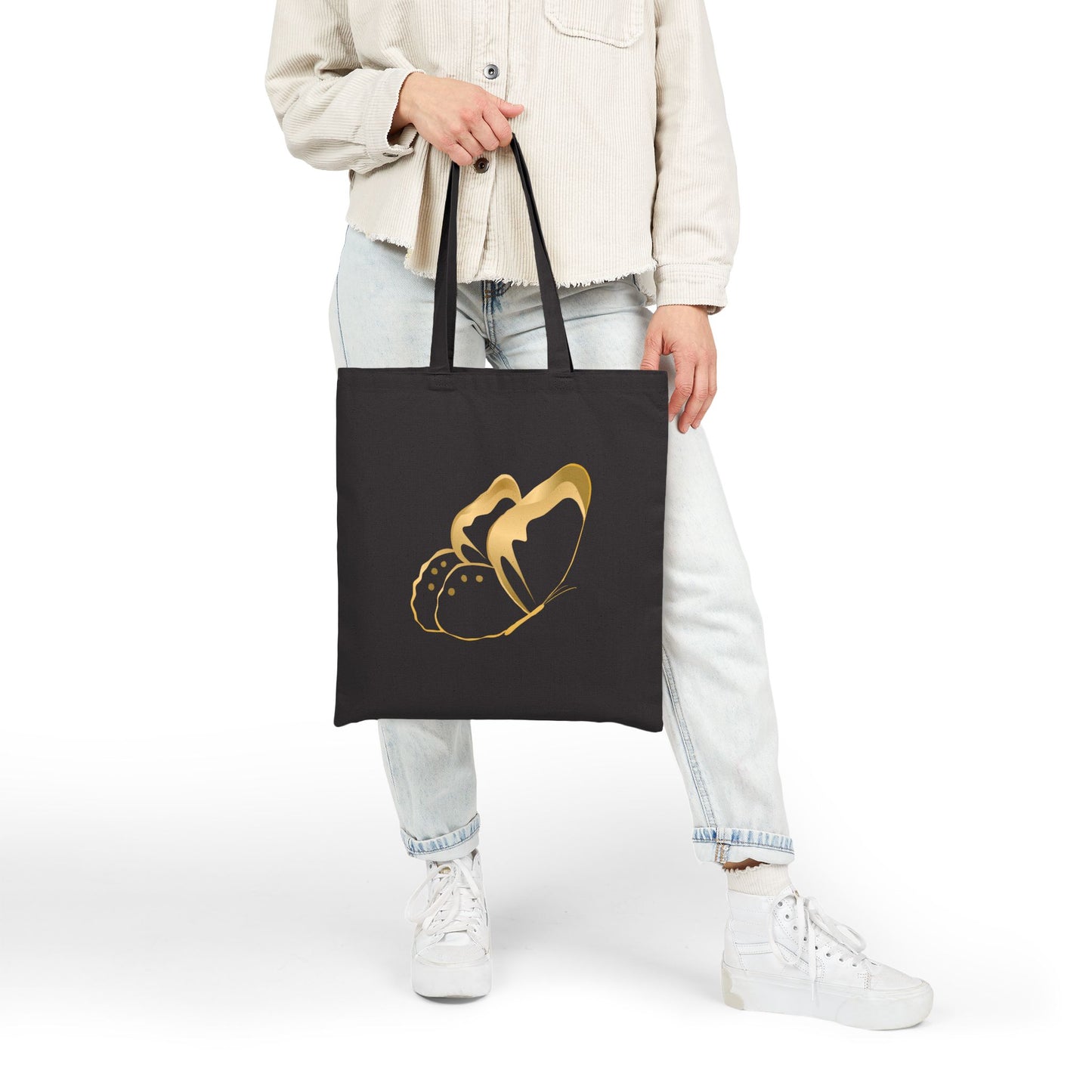 Golden Butterfly Cotton Canvas Tote Bag, Eco-Friendly Shopping Bag, Gift for Nature Lovers, Reusable Tote, Stylish Daily Carry.