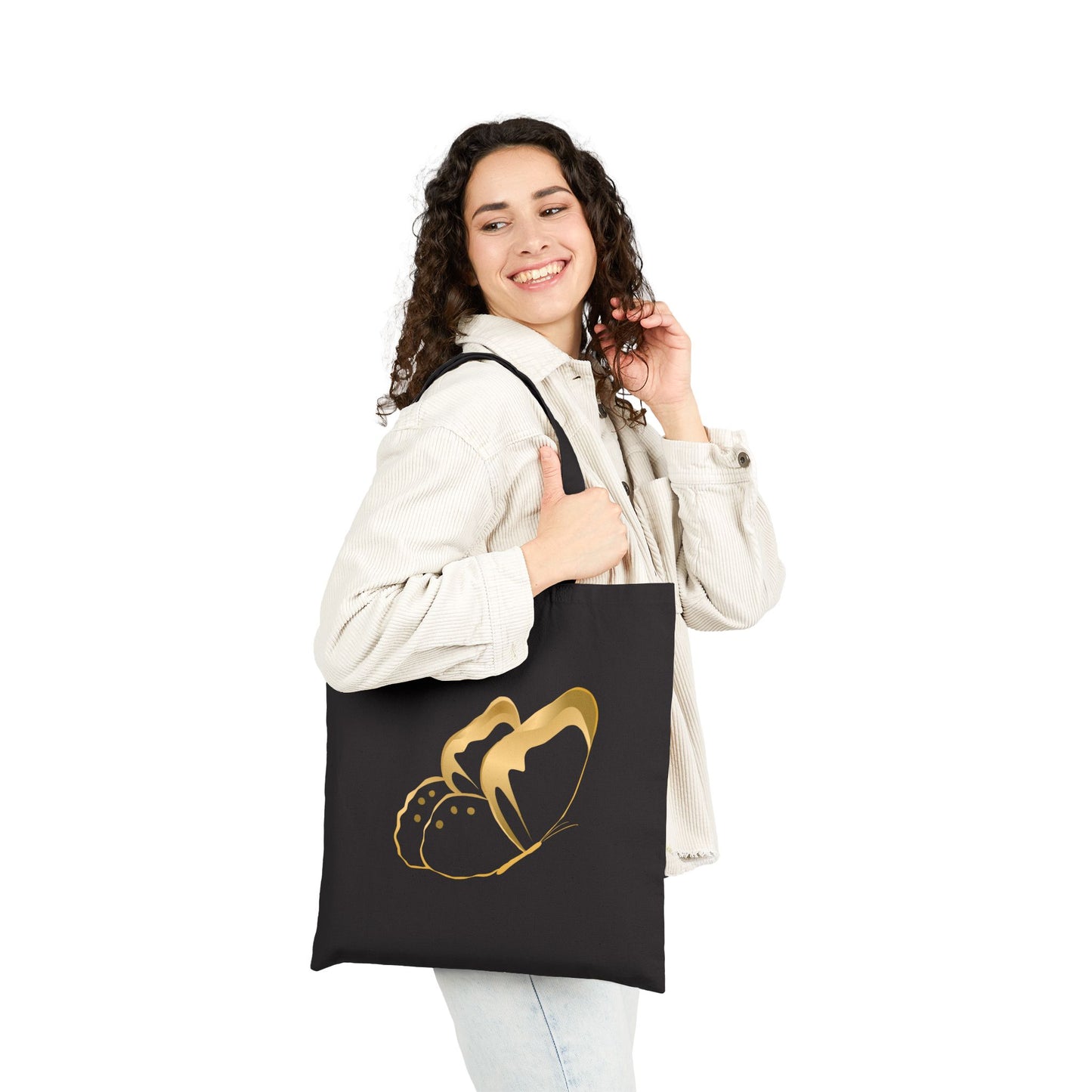 Golden Butterfly Cotton Canvas Tote Bag, Eco-Friendly Shopping Bag, Gift for Nature Lovers, Reusable Tote, Stylish Daily Carry.